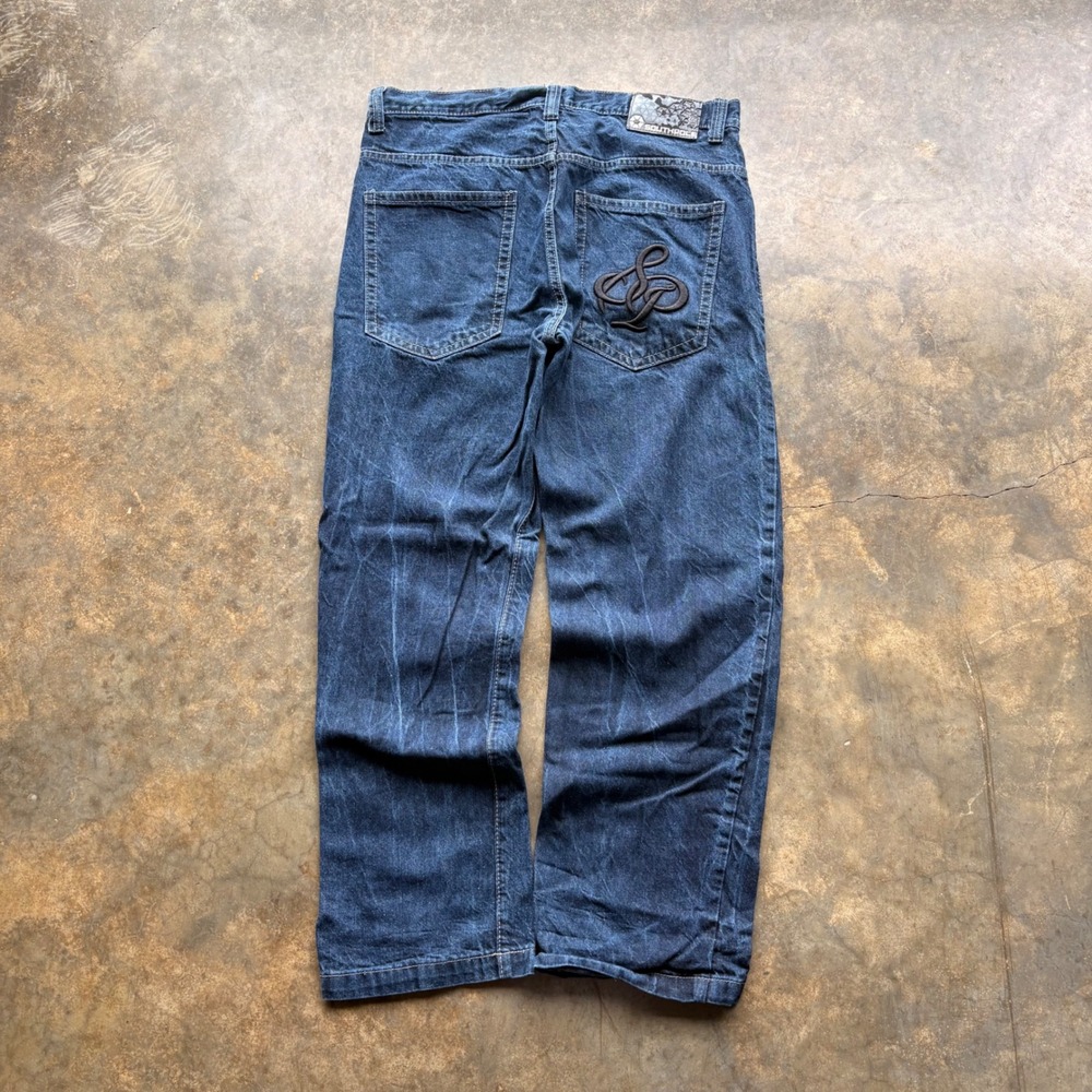 Southpole Mens Baggy‎ Denim Jeans Dark Wash Embroidered Logo Y2K Size 38